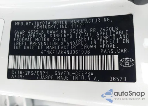 2022 Toyota Camry Trd from USA, damaged, VIN 4T1KZ1AK4NU061996